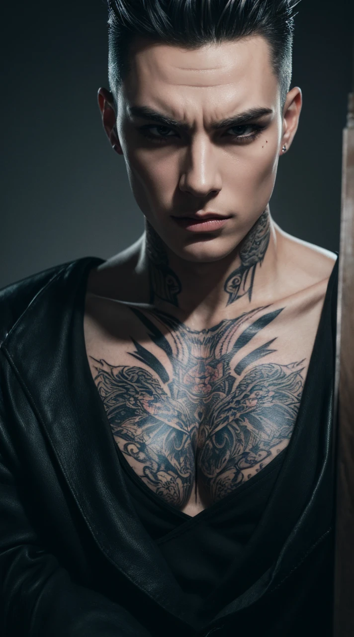 a highly detailed portrait of a sinister male character, pale skin, sharp angular facial features, dark spiky hair, tattoos on his face, malicious and cunning expression, (best quality,4k,8k,highres,masterpiece:1.2),ultra-detailed,(realistic,photorealistic,photo-realistic:1.37),chiaroscuro lighting,dramatic shadows,moody atmosphere,dark color palette,cool tones,intense gaze,angular jawline,prominent cheekbones,thin lips,twisted grin,tattoos on face,spiked hair