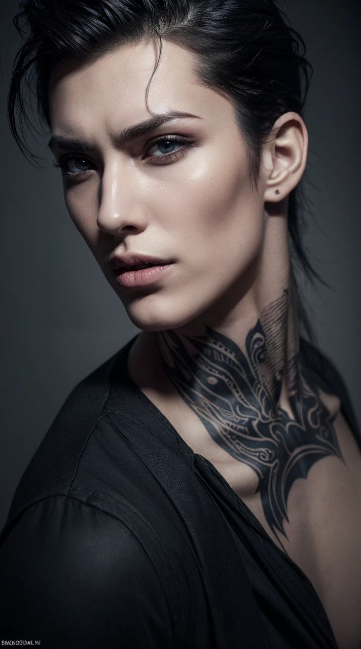 a highly detailed portrait of a sinister male character, pale skin, sharp angular facial features, dark spiky hair, tattoos on his face, malicious and cunning expression, (best quality,4k,8k,highres,masterpiece:1.2),ultra-detailed,(realistic,photorealistic,photo-realistic:1.37),chiaroscuro lighting,dramatic shadows,moody atmosphere,dark color palette,cool tones,intense gaze,angular jawline,prominent cheekbones,thin lips,twisted grin,tattoos on face,spiked hair