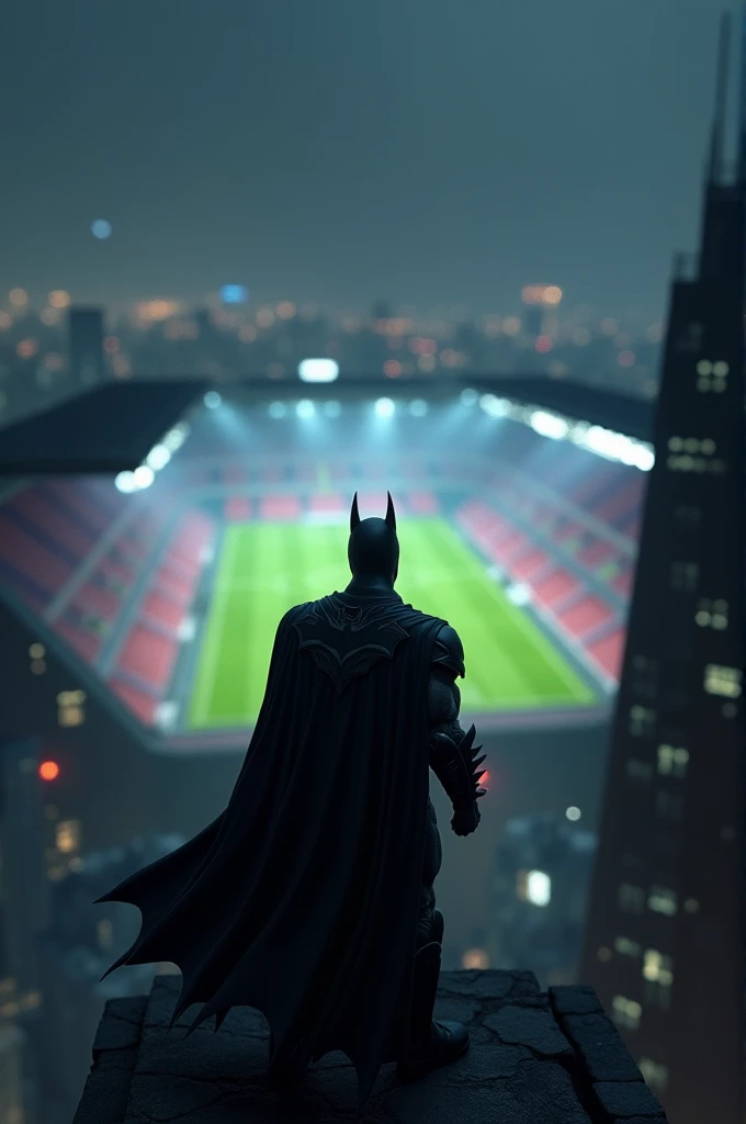 Imagine Batman on the rooftop of a tall, dark skyscraper. Thence, look towards the horizon, where the imposing structure of a Bayern Munich football stadium is visible. The scene is shrouded in shadows, with the glow of the stadium lights shining in the distance, contrasting with the night sky. Batman, with his cape fluttering in the wind, remains in the shadows, attentively observing the activity in the stadium. The atmosphere is tense and full of mystery., reflecting the atmosphere of Gotham City.