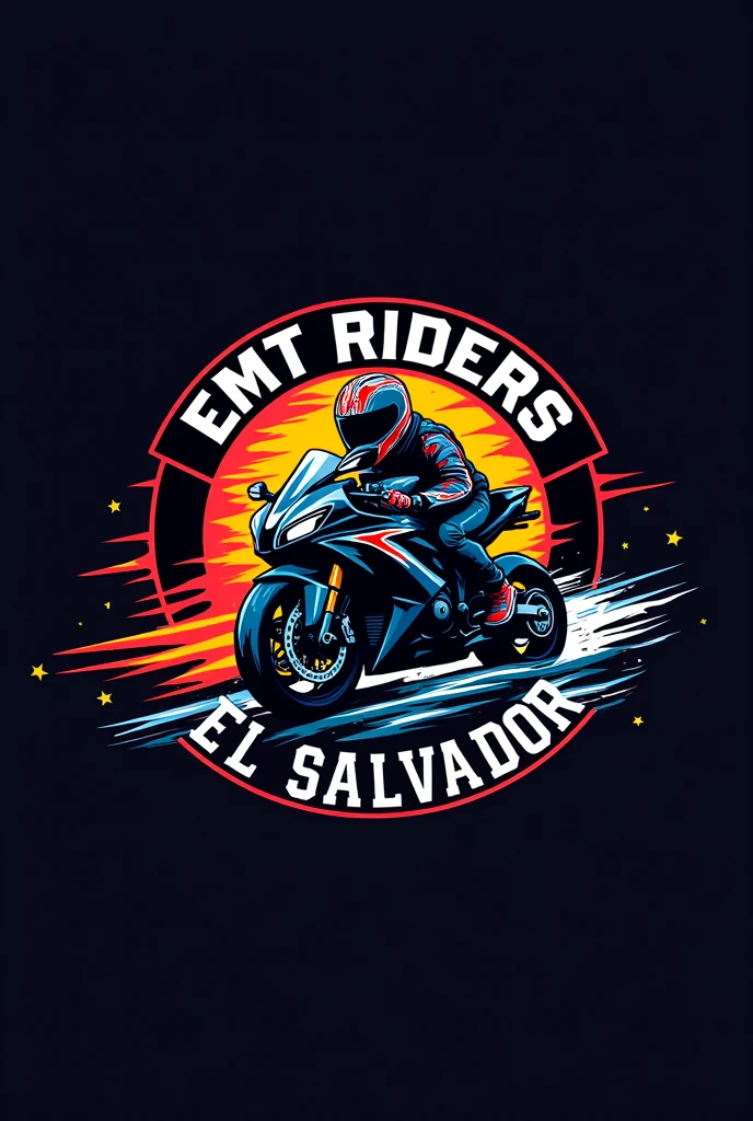 biker logo, with a sport motorcycle in the middle of the logo and vibrant colors, and that has the word EMT Riders El Salvador around it