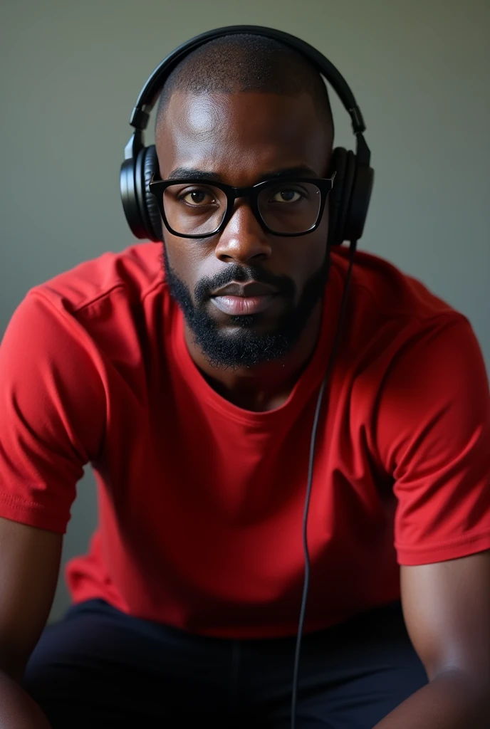 Create a Black student with a thin beard and shaved hair, wearing a red shirt and black pants, glasses and headphones