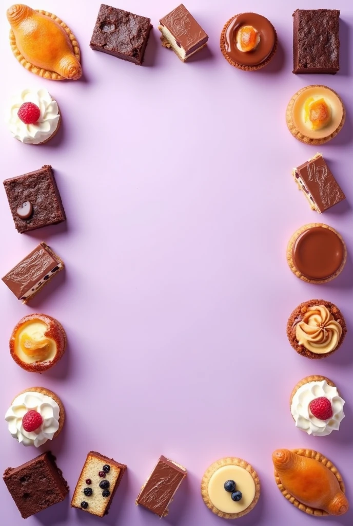 create three Instagram posts, size 4:4 so that when they are combined it looks like a complete image, with a lilac background and the following desserts appearing around the entire edge: Half-moon shaped cajeta empanadas, brownies, cheesecake, flan, cakes, don't add cookies
