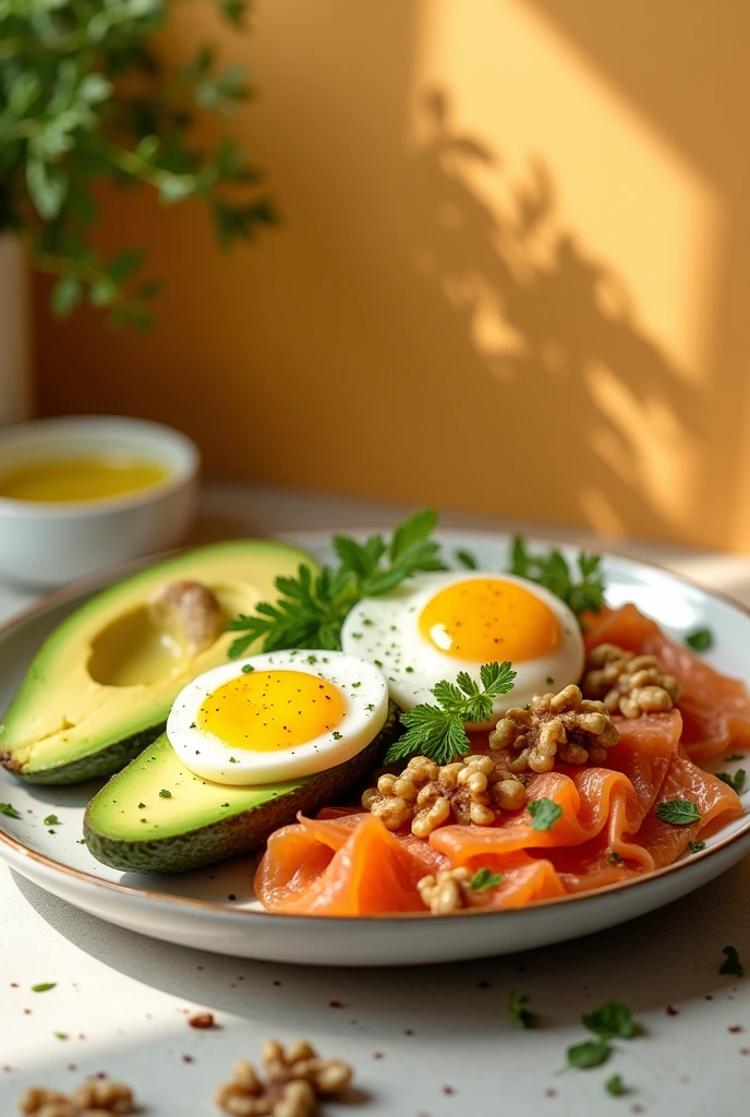A delicious and colorful keto dish (like avocados, eggs, salmon, walnuts) in the foreground with a minimalist and warm background