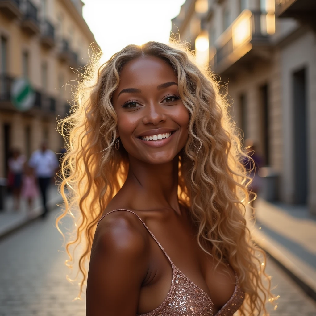 , toffee color skin, a beautiful carribean toffee black girl, with very long blond curly hair, with extremely detailled clear yellow eyes, with sexy curvy body take a selfie and She winks, She walks in a beautiful street