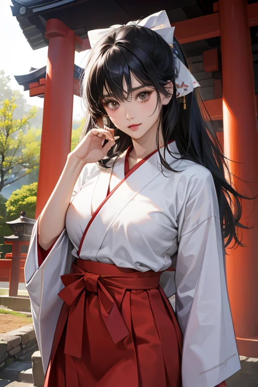 ( High resolution、 Super detailed)、masterpiece、Highest quality、High resolution、8k、Realistic Face、Realistic skin texture、 Amazing clarity、Detailed Anime、15-year-old female、、Long black hair、Her hair is tied up with a white ribbon.、Japanese Shrine Maiden,、Mystical Eyes、Miko costume、(White kimono、Red Hakama)、 Slim figure、Big Breasts、At the shrine、afternoon、Cowboy Shot、Japanese garden、