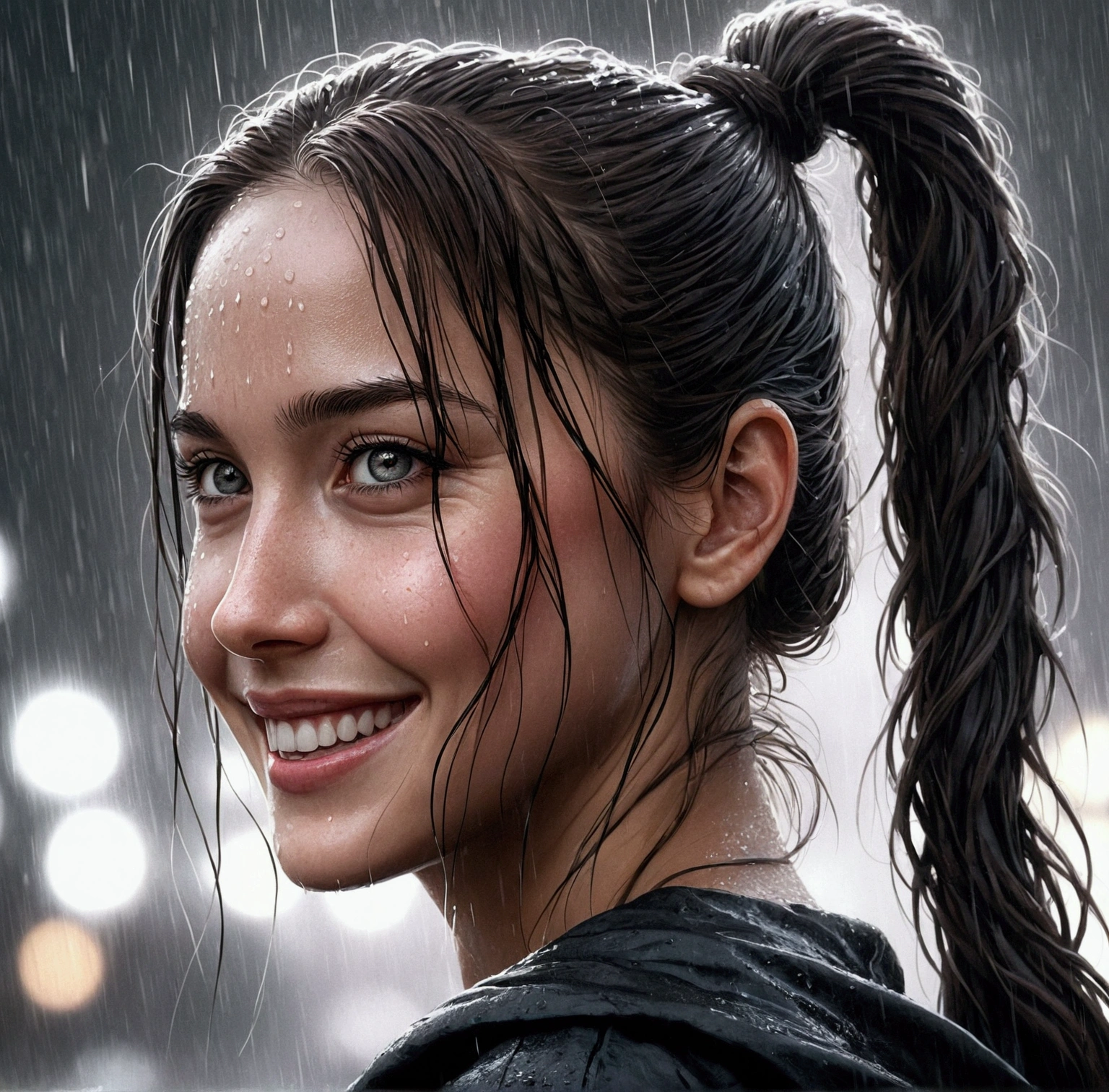 a close up of a woman with a ponytail smiling in the rain, 🤤 girl portrait, great digital art with details, dark but detailed digital art, epic portrait illustration, detailed beautiful portrait, realistic art style, realistic digital drawing, neoartcore and charlie bowater, extremely detailed portrait, realistic digital art 4k, realistic digital art 4 k