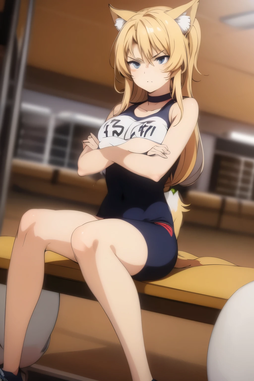 Anime girl with long hair sitting on a bench, Flushed face, angry face, chica ready anime, seductive anime girl, beautiful chica ready anime, working out, Very beautiful anime cat girl, sexy cat girl, Holo is a wolf girl, cute chica ready anime, cat girl , anime zorro , in a gym, fit girl