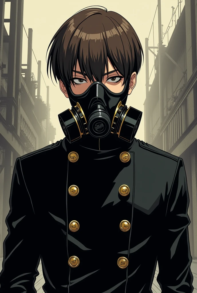A male character with straight brown hair, a black gas mask, wearing a black jacket with 6 golden buttons, manga style.