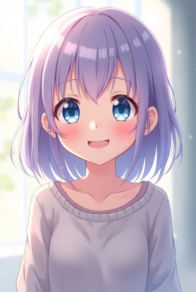 Anime girl with light purple, short hair, blue-white eyes, comfortable clothing for a and smiling