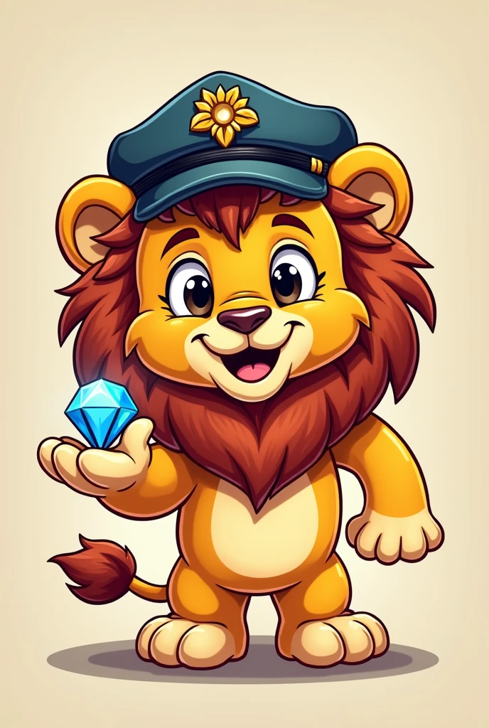 Create a cartoon lion wearing a driver's cap with the name MeuChofer013 giving a jewel with his hand. 