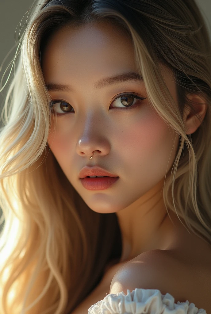 A YOUNG ASIAN WOMAN WITH LONG BLONDE HAIR, COM PIERCING NA BOCA E SEXY
