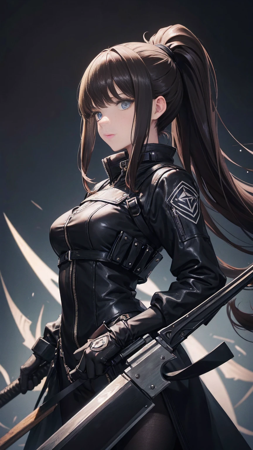 (work of art) girl with long dark brown hair, Ponytail hair,eyes black, black mask, y2k style, axes in hands, 1,80 tall, black backdrop, good quality, holding a human size gunblade