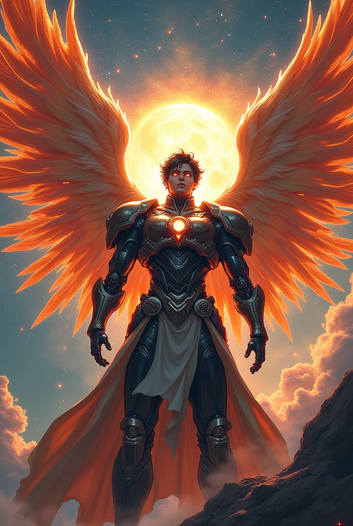 The male manga character has ten wings, the power to manipulate the sun, a planetary armor, a system eye, and a button to manipulate dark power.