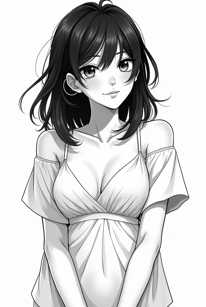 Brazilian girl with Japanese ancestry (skin loss) with shoulder-length hair and bangs, posing for playboy (full body image) in black and white manga style 