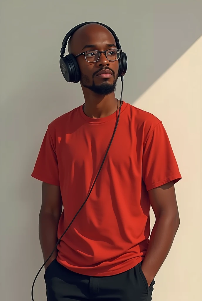 Create a Black student with a thin beard and shaved hair, wearing a red shirt and black pants, glasses and headphones and round face
