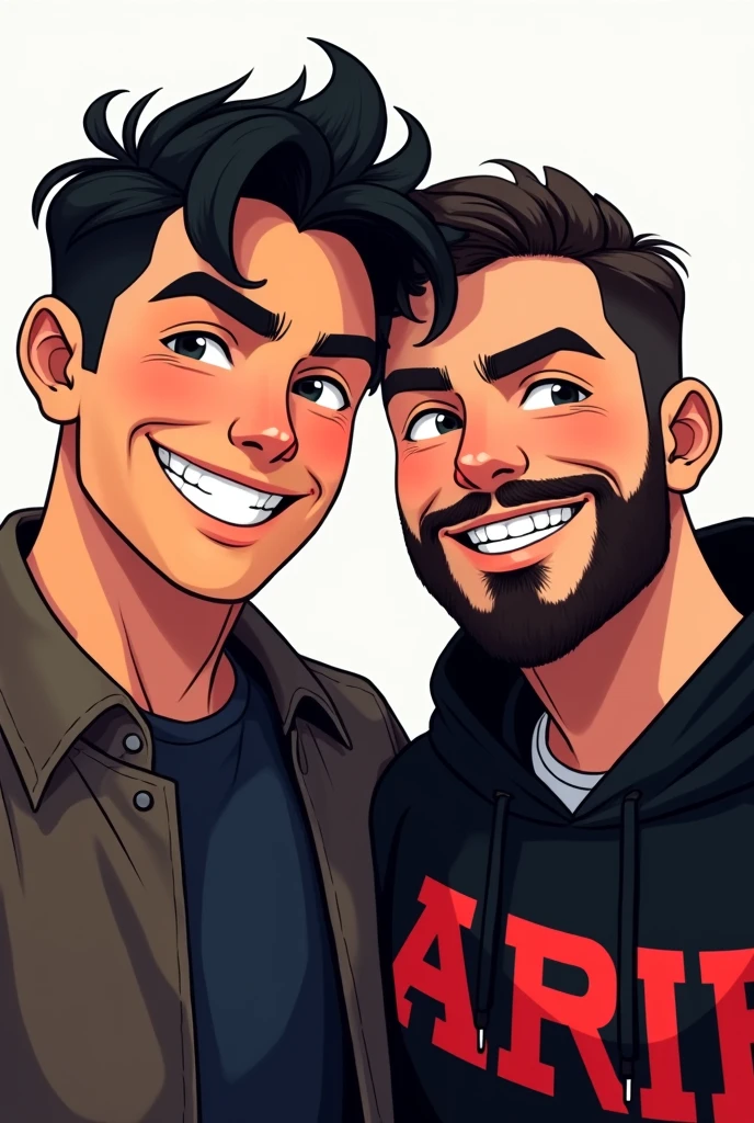 Two friends taking a selfie, one should have relatively short hair with a goatee and the other should have slightly longer wavy hair and should be taller than the other friend. manga style drawing. Both must be men and the one with slightly longer, wavy hair should be taller..
The taller friend should have slightly longer wavy hair and should be wearing a jacket and a black sweatshirt.; The other friend, who is a little shorter, should have a goatee beard., He should be wearing a black sweatshirt with red letters.. The goatee mustache should be more noticeable and should be a little thicker.
