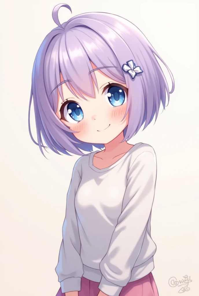 Anime girl with light purple, short hair, blue-white eyes, comfortable clothing for a  and smiling