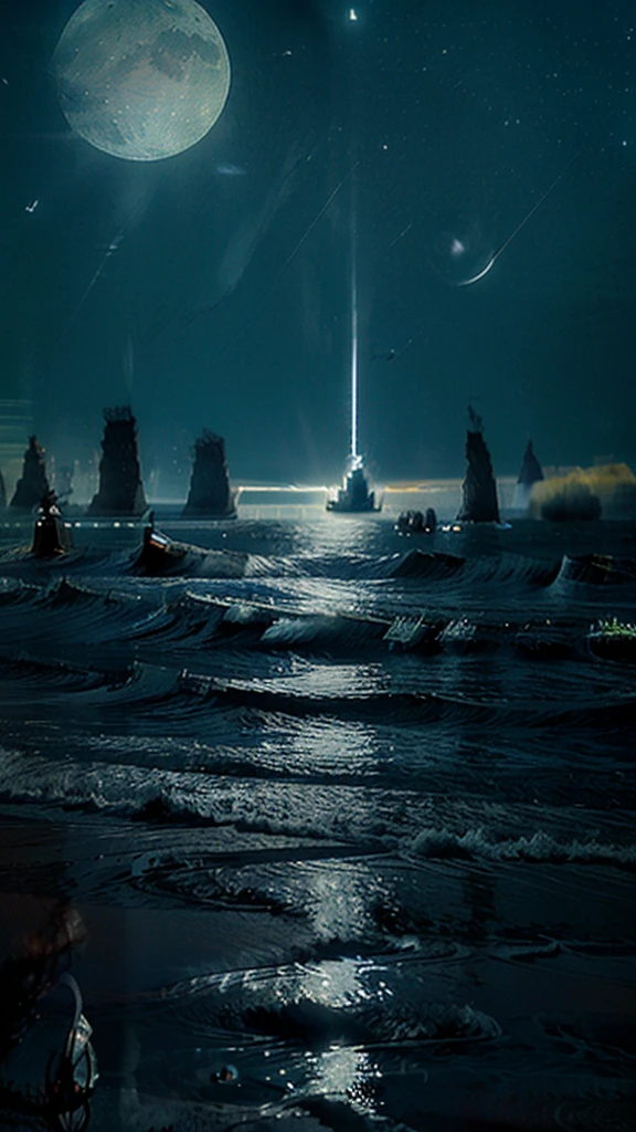 This image shows a full moon shining brightly in the night sky over the ocean. The moonlight reflects off the surface of the water, creating a beautiful, illuminated path across the waves. The scene is serene and picturesque, featuring gentle waves rolling onto the shore.