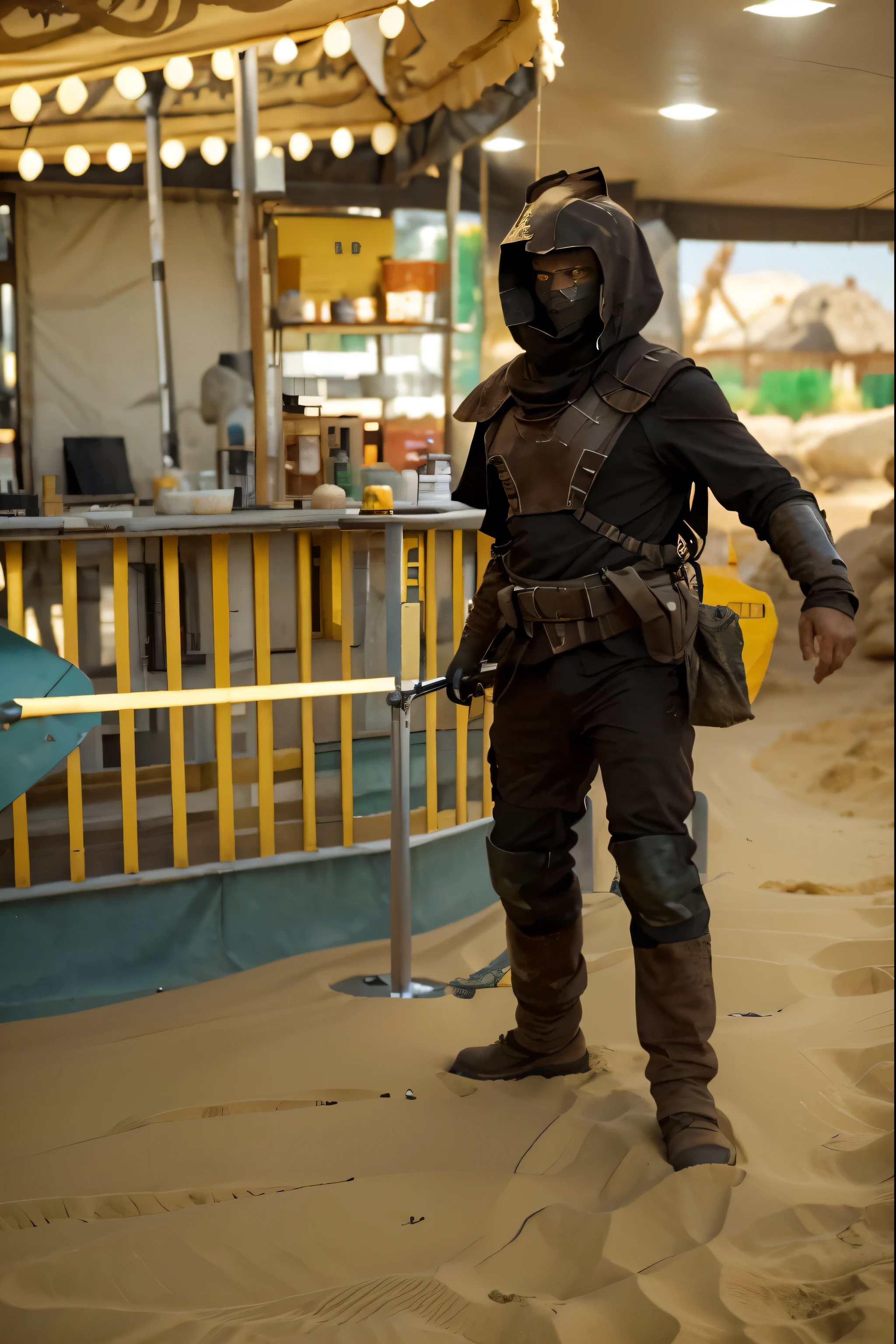 (Best quality, 8k, 32k, Masterpiece, UHD:1.2), "Transform the setting of the image into the desert planet Arrakis from Dune. The landscape should be dominated by vast, rolling dunes of golden sand, stretching endlessly beneath a scorching sun. The atmosphere is harsh and arid, with the sky a pale, cloudless blue. In the distance, massive sandstorms can be seen swirling ominously, their winds capable of stripping flesh from bone. The environment feels hostile and unforgiving, with the occasional rocky outcrop or ancient, crumbling ruins partially buried in the sands. Sparse vegetation clings to life in this barren world, and the shadows of enormous sandworms are hinted at beneath the surface, creating a sense of imminent danger. The color palette should consist of warm, sandy tones with deep shadows that evoke the oppressive heat and desolation of Arrakis."