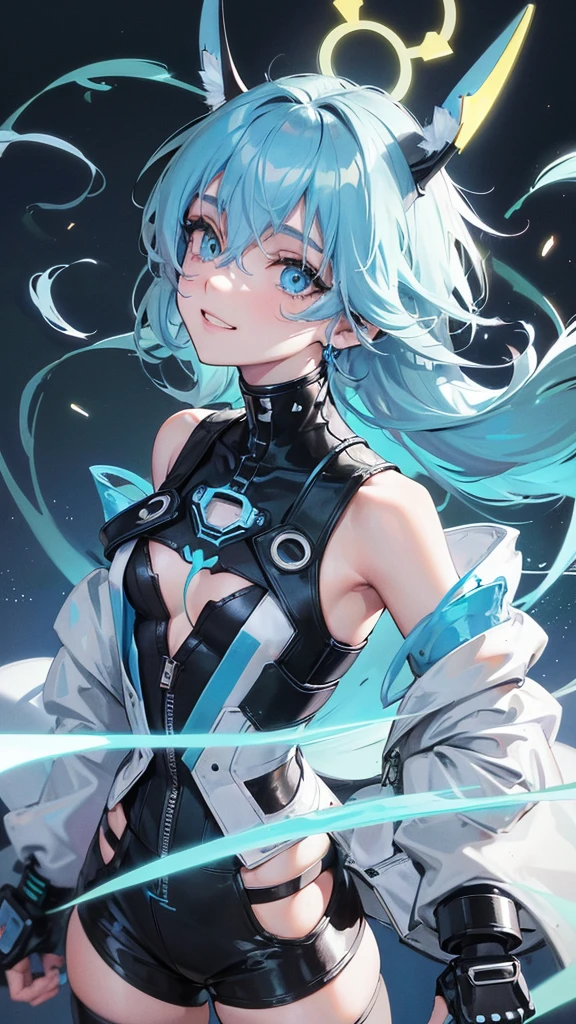 1 boy, anime, high quality, intricate details, futuristic setting, short, robotic, cybernetic, futuristic fashion, pasel blue hair, bear ears, happy grin, streetwear, pastel blue and black outfit, pastel blue eye, hairclips, accessories, bracelets, tan skin, leggings, short hair, messy hair, bear ears