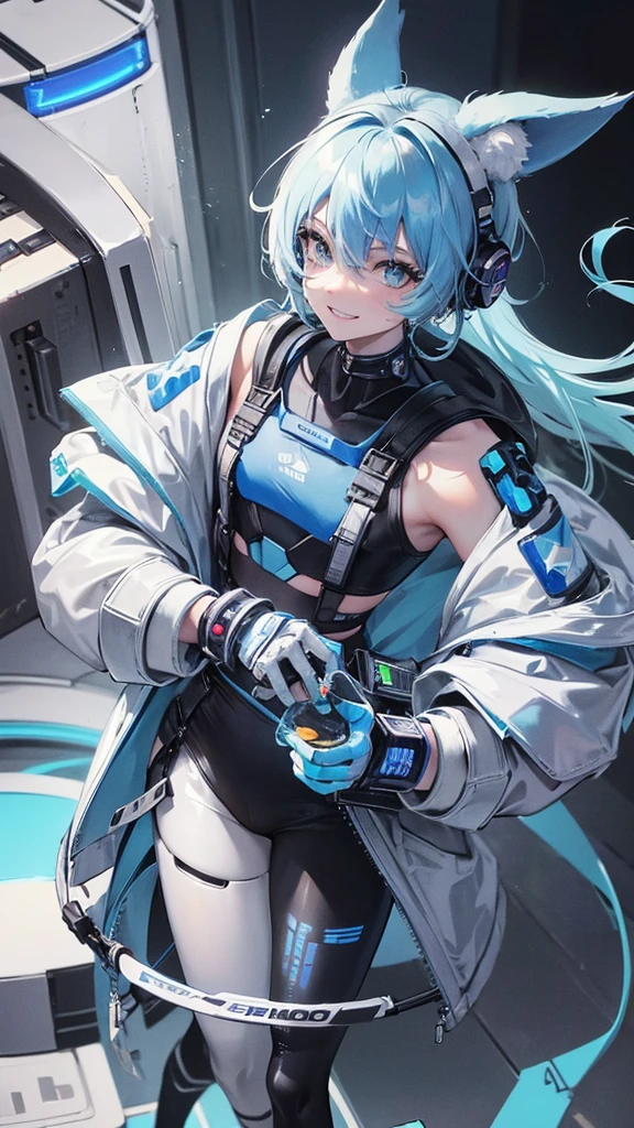 1 boy, anime, high quality, intricate details, futuristic setting, short, robotic, cybernetic, futuristic fashion, pasel blue hair, bear ears, happy grin, streetwear, pastel blue and black outfit, pastel blue eye, hairclips, accessories, bracelets, tan skin, leggings, short hair, messy hair, bear ears