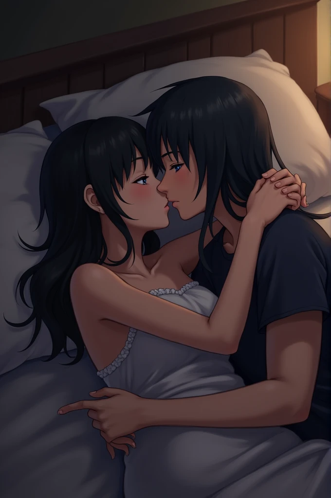 A mature woman with very long black hair with white highlights,white horns,green eyes, devil tail, lying on top of a boy with black hair,in a ((bedroom)), blushing girl,shy girl, medium breasts, ((night time)), black hair boy, 1boy, 1girl, kissing, ((couple)), grey eyes boy,naked Girl