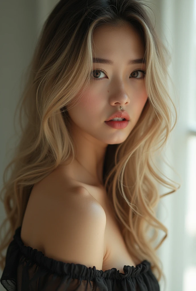 A YOUNG ASIAN WOMAN WITH LONG BLONDE HAIR, COM PIERCING NA BOCA E SEXY, With full breasts and a cute pose