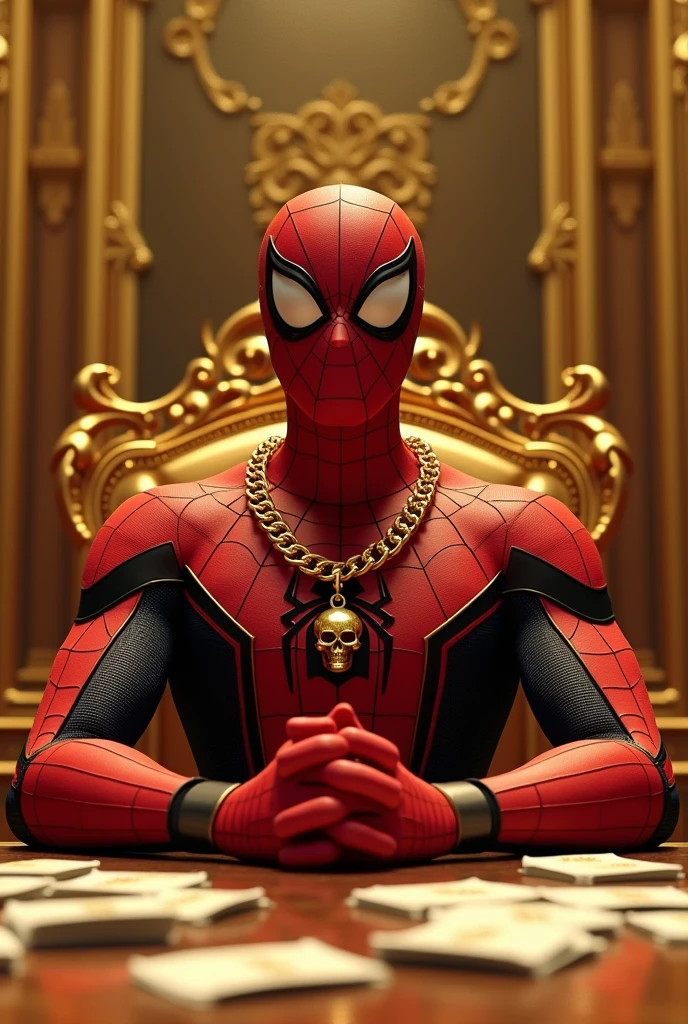 Generate a photo of Spider-Man in 3D in a very beautiful room full of gold things with his hand on a table with his fingers crossed and sitting on a bridge with gold skulls on top of his table and money in front of his table he sitting with his fingers crossed on top of the table looking straight ahead and with a gold chain around his neck and in the middle of the chain is written CipherX