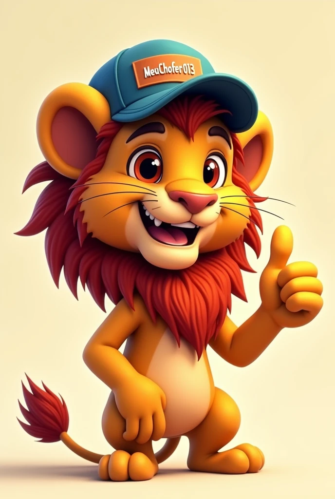 Create a cartoon lion wearing a driver's cap with the name MeuChofer013 giving a thumbs up