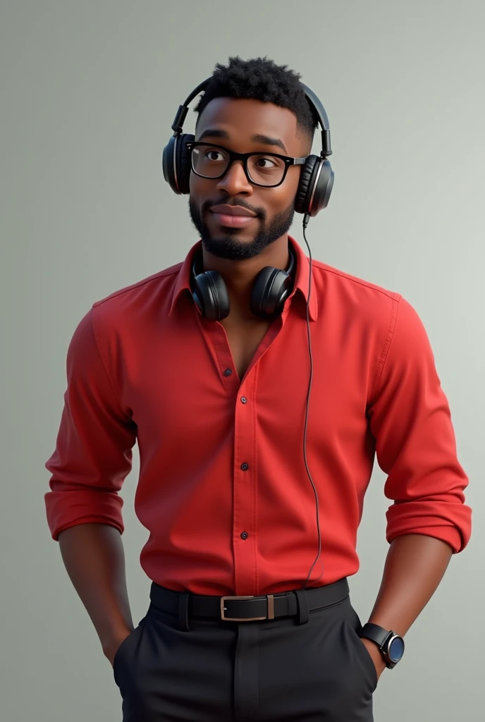 Create a black student with a thin beard, short hair, a red shirt and black pants., glasses and headphones and round face