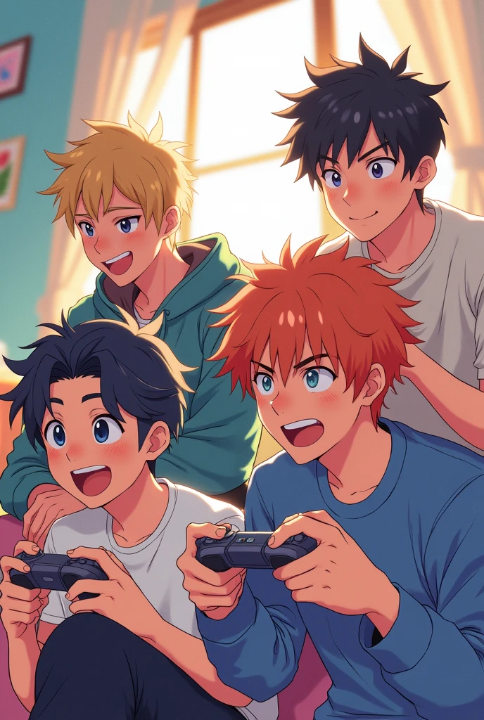 The atmosphere of the painting is reminiscent of shojo manga.、Four young men are sitting on chairs, holding game controllers, playing a game and having a good time.