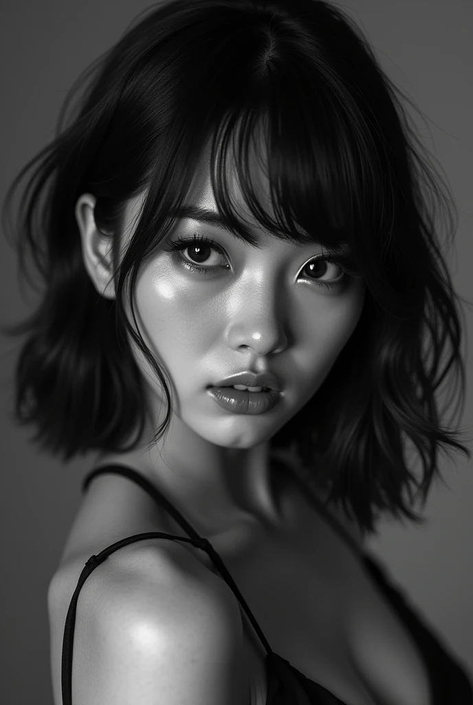 Brazilian girl with Japanese ancestry (skin loss) with shoulder-length hair and bangs, posing for Playboy in a sexy pose (full body image) in black and white manga style