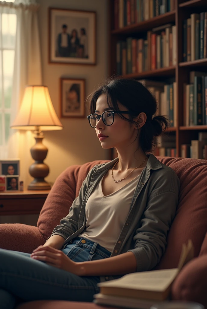 Young woman with glasses living alone ... I want the image showing the whole room of the house