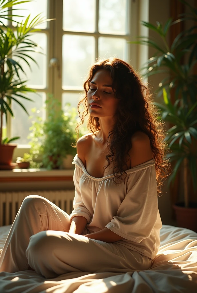 (photorealism:1.2), beautiful woman, sitting on bed, wearing loose off-shoulder top, pajama pants, long curly hair, indoors, soft lighting, plants in background, window with sunlight, cozy room, relaxed pose, realistic, intricate details, warm colors, by Greg Rutkowski, by Alphonse Mucha