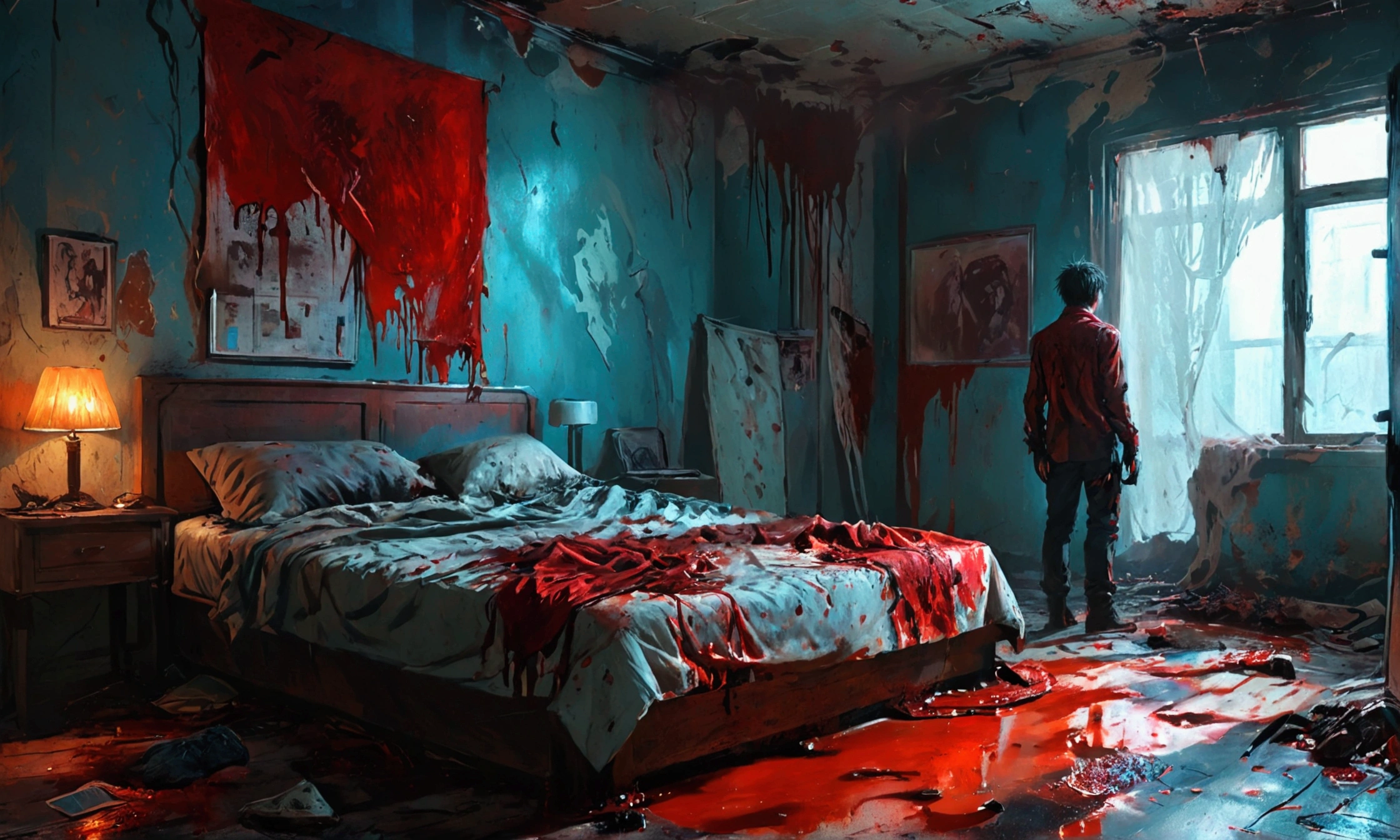 there is a man standing in a bedroom with blood on the floor, eerie art style, decay, desolate. digital illustration, inspired by Martin Deschambault, detailed 4k horror artwork, drawn in a neo - noir style, very coherent stylized artwork, desolate with zombies, cyberpunk teenager bedroom, dark bedroom, dark high-contrast concept art,, manga style art, manga style art, manga style art, manga style,manga style art, manga style art, manga style art, manga style,manga style art, manga style art, manga style art, manga style,manga style art, manga style art, manga style art, manga style,manga style art, manga style art, manga style art, manga style,manga style art, manga style art, manga style art, manga style