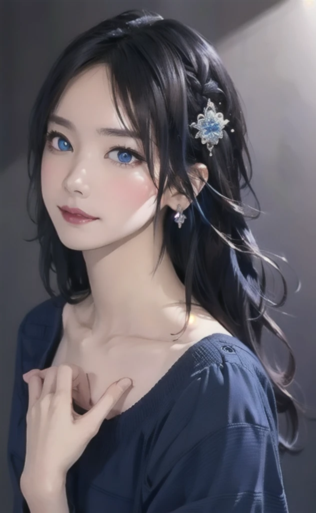 (masterpiece:1.4, Highest quality), (Intricate details), unity 8k wallpaper, Super detailed, beautifully、aesthetic, Perfect lighting, (One person), (Blue Hair, blue eye, Medium chest),, Dynamic pose, Dynamic Angle,  lipstick, slim, slim body, Medium chest, , Detailed Background, Realistic, alone, Face in perfect detail, detailed eye, Very detailed, blush, hair ornaments, rolling_eye, squint,