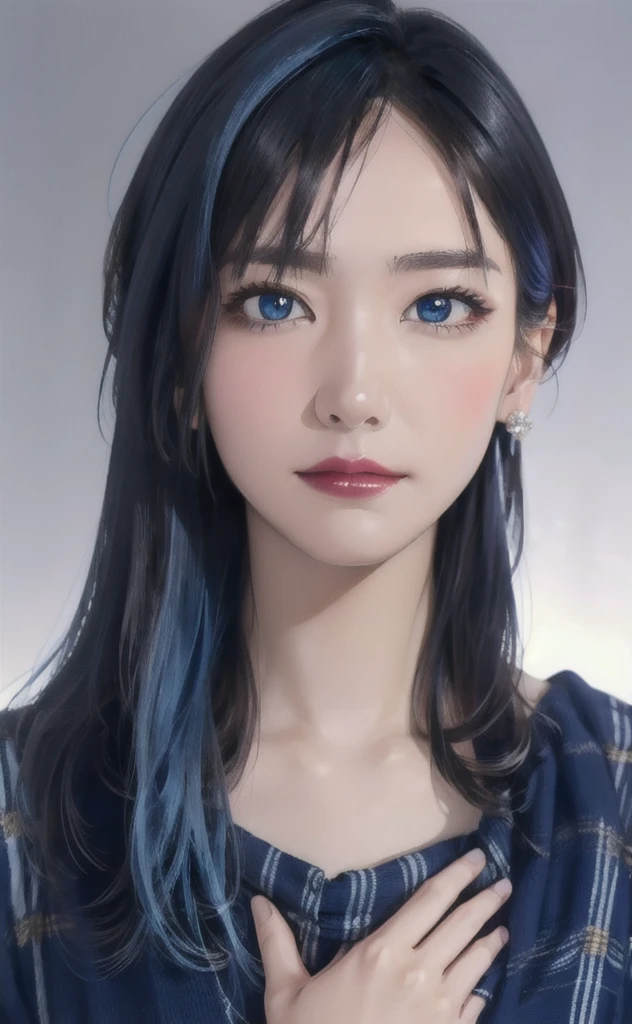 (masterpiece:1.4, Highest quality), (Intricate details), unity 8k wallpaper, Super detailed, beautifully、aesthetic, Perfect lighting, (One person), (Blue Hair, blue eye, Medium chest),, Dynamic pose, Dynamic Angle, lipstick, slim, slim body, Medium chest, , Detailed Background, Realistic, alone, Face in perfect detail, detailed eye, Very detailed, blush, hair ornaments, rolling_eye, squint,