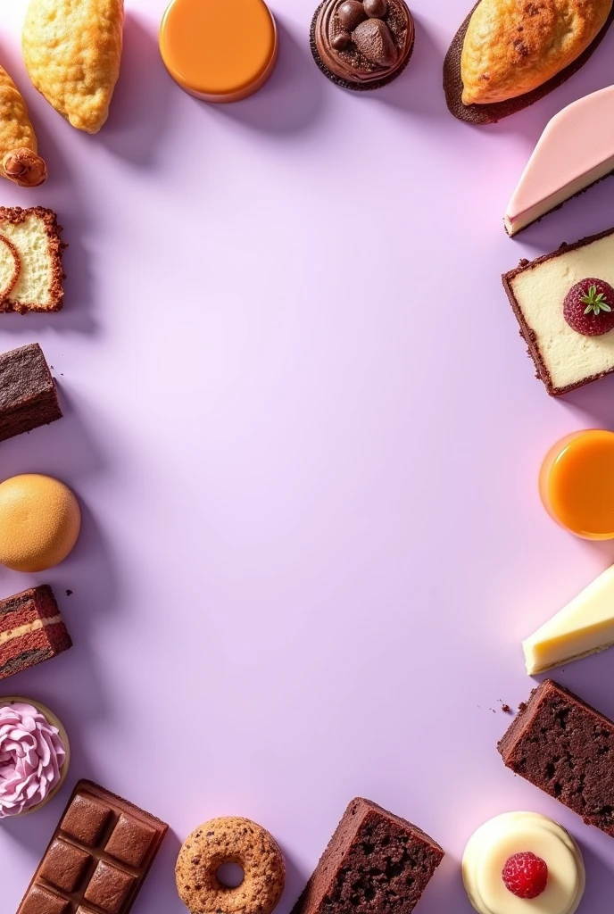 Create an Instagram post with a 4x4 size., with a lilac background and the following desserts appearing around the entire edge: Half-moon shaped cajeta empanadas, brownies, cheesecake, flan, cakes, don't add cookies