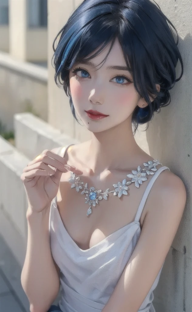 (masterpiece:1.4, Highest quality), (Intricate details), unity 8k wallpaper, Super detailed, beautifully、aesthetic, Perfect lighting, (One person), (Blue Hair, blue eye, Medium chest),, Dynamic pose, Dynamic Angle, lipstick, slim, slim body, Medium chest, , Detailed Background, Realistic, alone, Face in perfect detail, detailed eye, Very detailed, blush, hair ornaments, rolling_eye, squint,