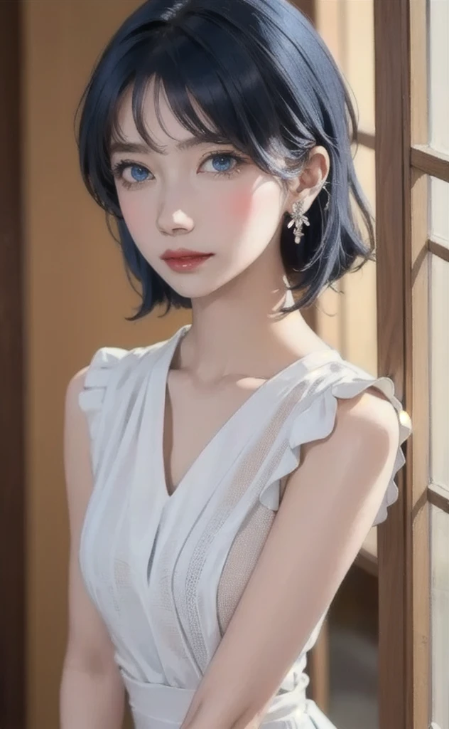 (masterpiece:1.4, Highest quality), (Intricate details), unity 8k wallpaper, Super detailed, beautifully、aesthetic, Perfect lighting, (One person), (Blue Hair, blue eye, Medium chest),, Dynamic pose, Dynamic Angle, lipstick, slim, slim body, Medium chest, , Detailed Background, Realistic, alone, Face in perfect detail, detailed eye, Very detailed, blush, hair ornaments, rolling_eye, squint,
