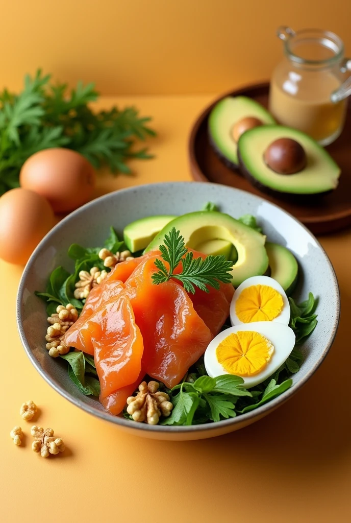 A delicious and colorful keto dish (like avocados, eggs, salmon, walnuts) in the foreground with a minimalist and warm background seen from above