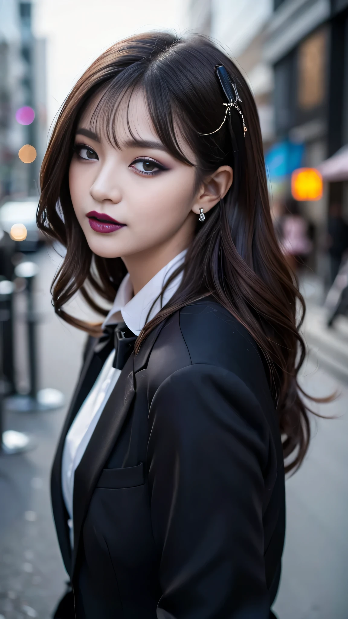 best quality、ultra-detailed、8k、Japanese、Seductive beauty、seductive adult woman、Pretty Woman、cool girl、smirk、Wicked Smile、Villainess、brainwash makeup、brainwash、Fallen into evil、Evil look、evil、Brown hair、wavy hair、swept bangs、dark makeup、piercing eyes、hollow eyes,half-closed eyes、Hollow Eyes、purple Eyeshadow、black lipstick、black lipglos、Purple Eyeshadow、black lipstick、black lip gloss、Dark Makeup、smirk、Whisper in my ear、business suit、black Jacket、white blouse、ribbon、flare skirt、pantyhose、night、inside darkroom、Kiss、I have lipstick、Are standing、Look、Offer、shoot from below