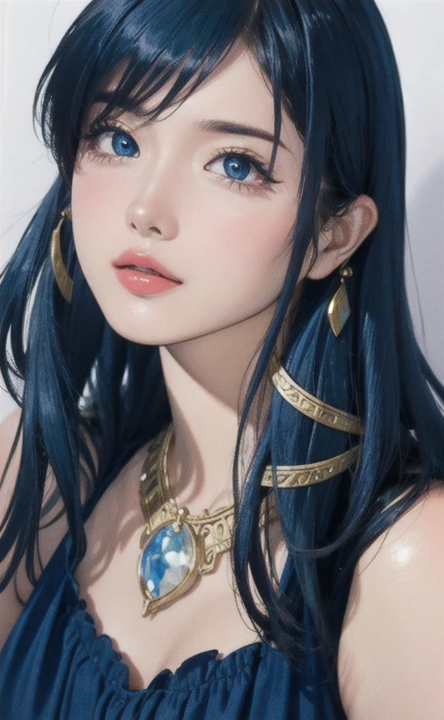 (masterpiece:1.4, Highest quality), (Intricate details), unity 8k wallpaper, Super detailed, beautifully、aesthetic, Perfect lighting, (One person), (Blue Hair, blue eye, Medium chest),, Dynamic pose, Dynamic Angle, lipstick, slim, slim body, Medium chest, , Detailed Background, Realistic, alone, Face in perfect detail, detailed eye, Very detailed, blush, hair ornaments, rolling_eye, squint,