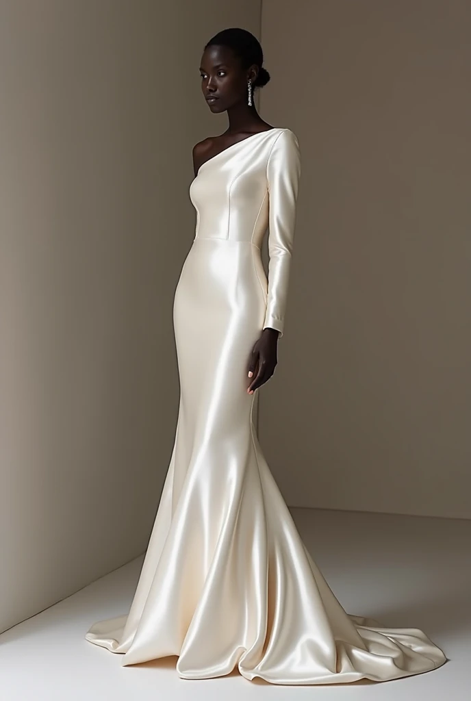Bridal gown model: Haute Couture
Pearl silk satin (NO LACE)
Fitted long sleeves
Boat neck going from one shoulder to the other
Fitted without being vulgar
Subtly opens into a mermaid tail

(My dress has no lace) 

Dress this dress on a 1,51 cm tall, 75kg black model with a round face. 