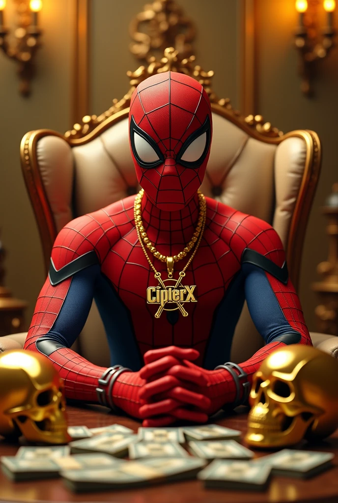 Generate a 3D photo of Spiderman in a very beautiful room full of golden things with his hand on a table with his fingers crossed and sitting on an armchair with gold skulls on top of his table and money in front of his table he sitting with his fingers crossed on top of the table staring straight ahead and with a gold chain around his neck and in the middle of the chain it says *CipherX*