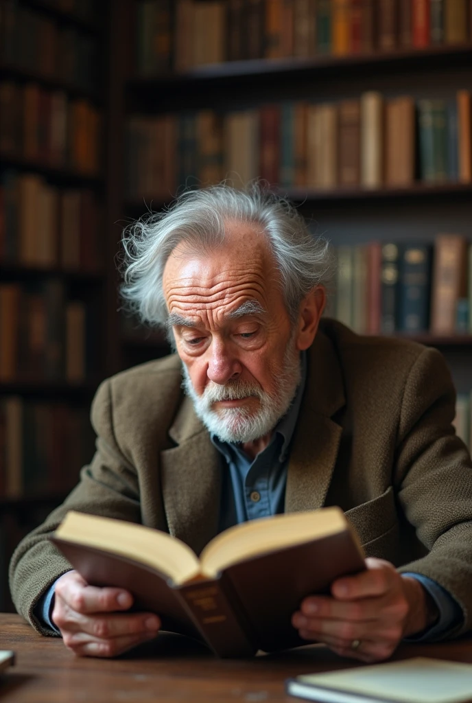 An old man who has difficulty reading books due to presbyopia