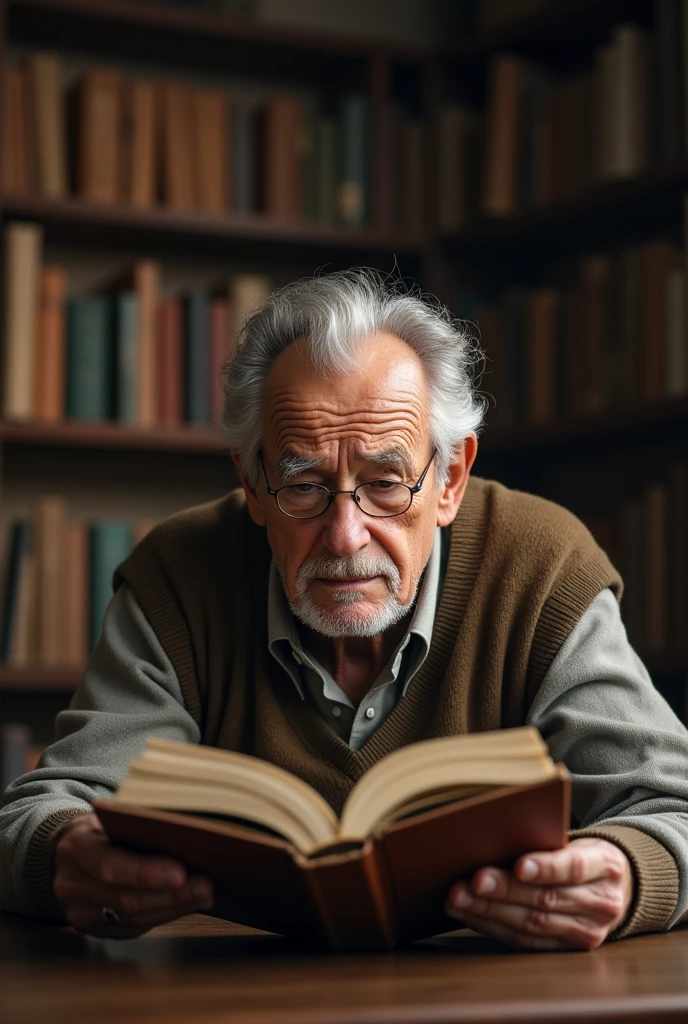 An old man who has difficulty reading books due to presbyopia
