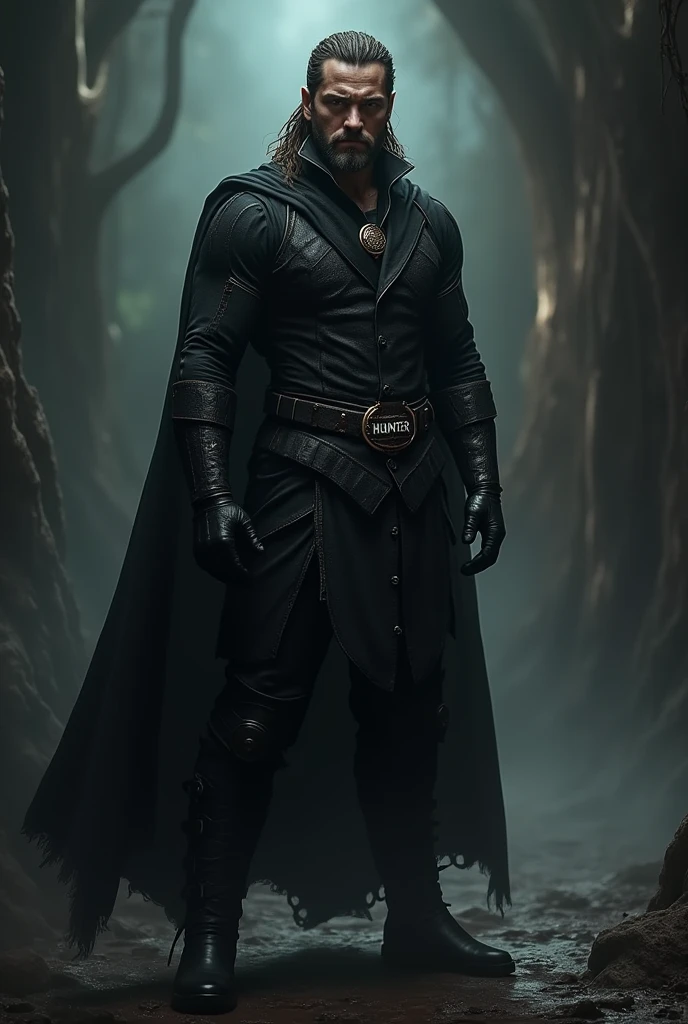 Make a man with summoning powers, wearing black hunter's clothes, hair with braids, and on his clothing he has a badge that says hunter