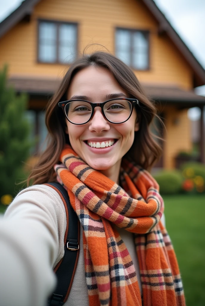 Happy woman with glasses and a scarf taking a selfie in front of her house