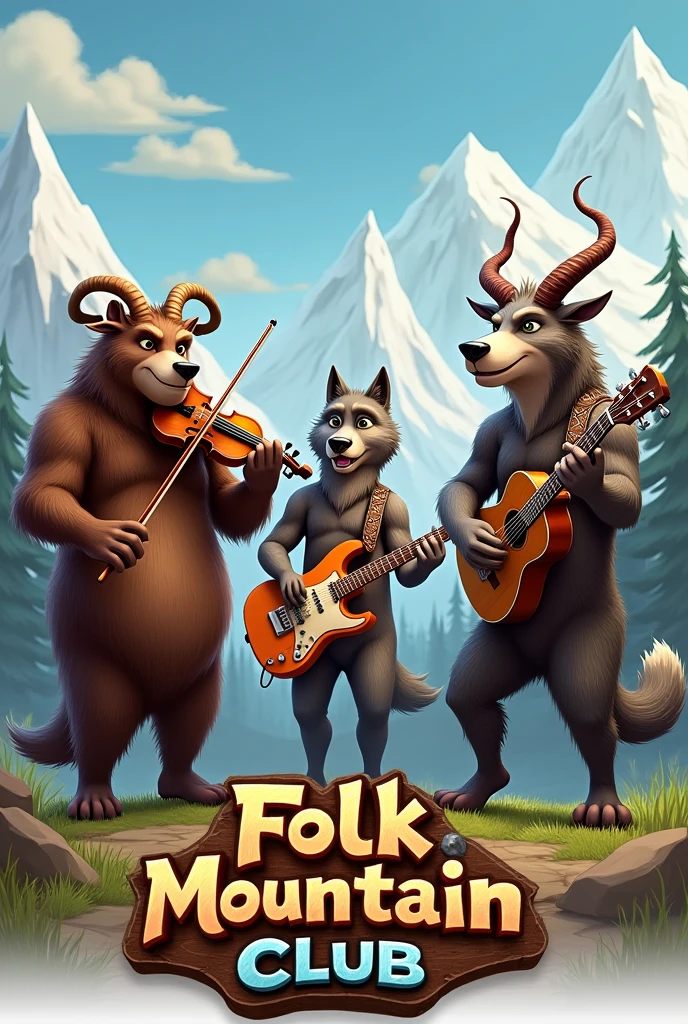 A goat drummer on the right, a wolf playing guitar in the center and a mountain bear playing violin on the left. This is the line-up of the Folk Mountain Club band. Also write the band name - Folk Mountain Club - as an awesome logo below the image.